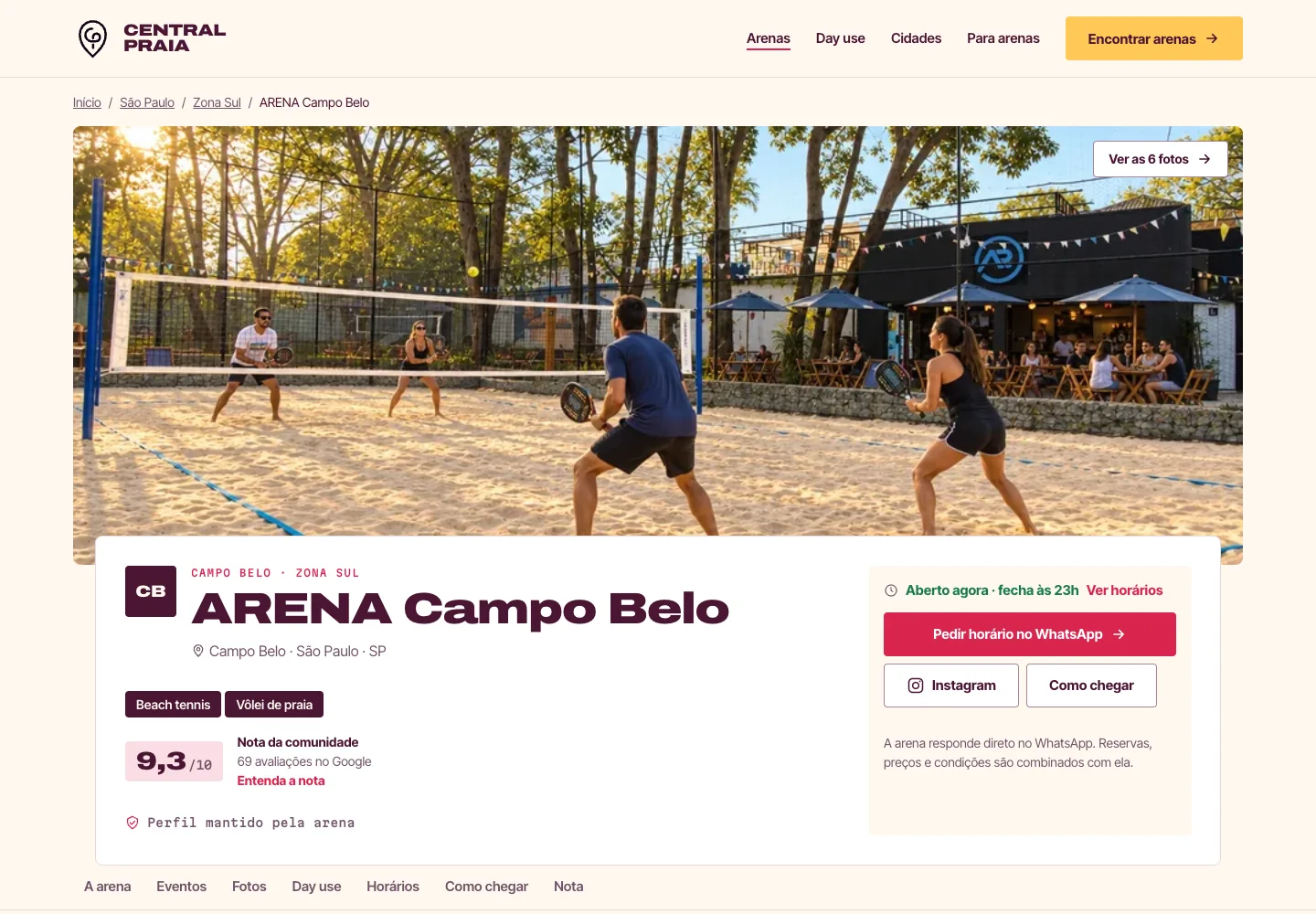 Tela de perfil de arena da homologação
