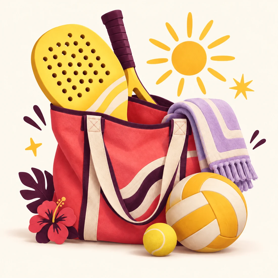 Kit de praia tridimensional com bolsa, raquete e bola na paleta quente